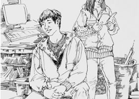 男女青年站坐組合0.7簽字筆速寫畫法