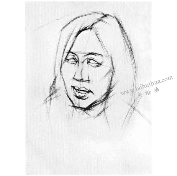 女中年頭像結構素描畫法步驟圖示02