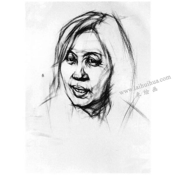 女中年頭像結構素描畫法步驟圖示03