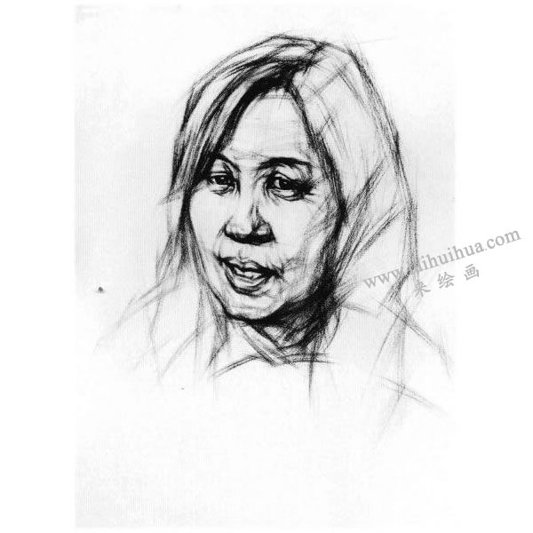 女中年頭像結構素描畫法步驟圖示04