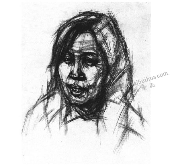 女中年頭像結構素描畫法步驟圖示05
