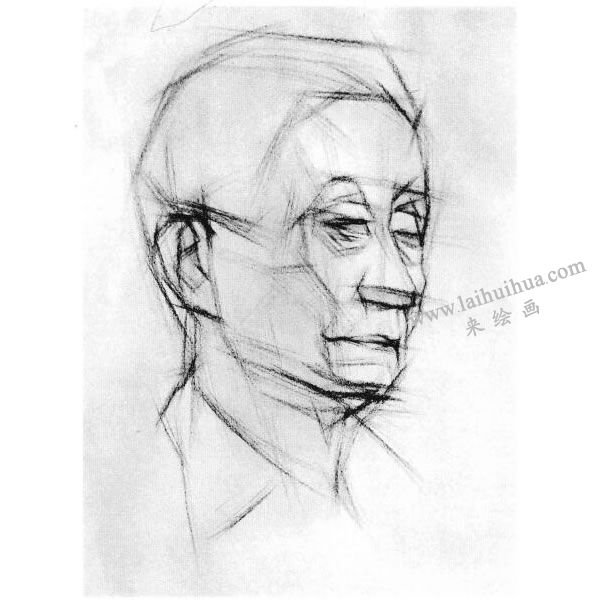 老年人頭像結構素描畫法步驟圖示02