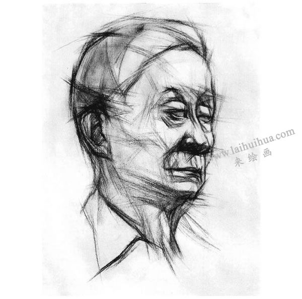 老年人頭像結構素描畫法步驟圖示03
