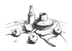 陶罐、酒瓶與水果的結(jié)構(gòu)素描表現(xiàn)步驟