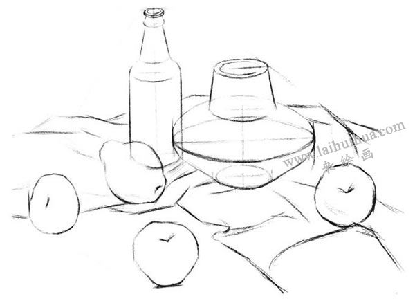 陶罐、酒瓶與水果的結(jié)構(gòu)素描表現(xiàn)步驟02