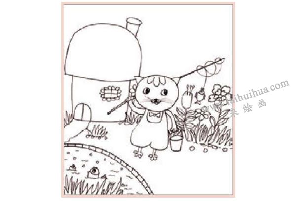 小貓釣魚兒童裝飾畫作畫步驟圖示02