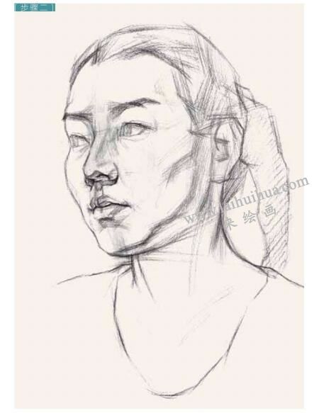 女青年頭像結(jié)構(gòu)素描畫法步驟圖示02