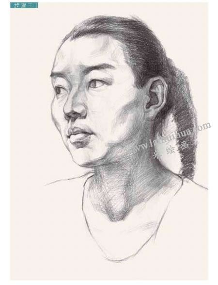 女青年頭像結(jié)構(gòu)素描畫法步驟圖示03