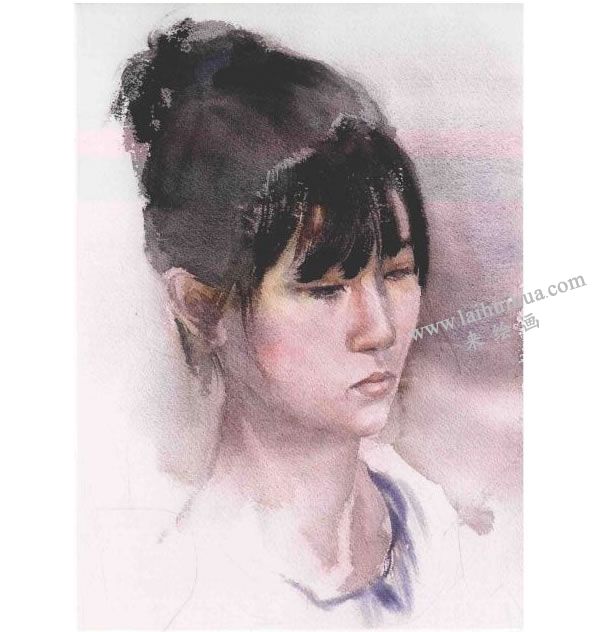 女孩頭像水彩畫法步驟圖示05