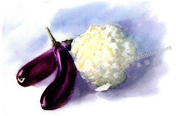 菜花與茄子水彩畫法步驟圖示05