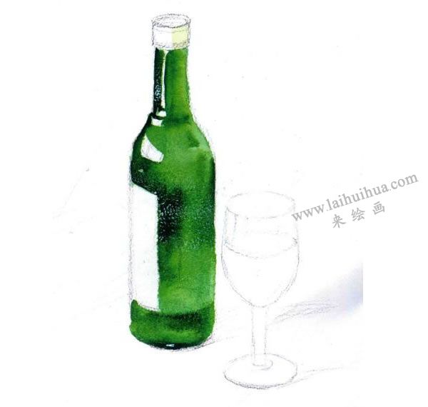 酒瓶與玻璃酒杯水彩畫法步驟圖示03