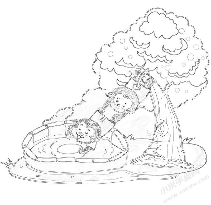 水中撈月兒童插畫黑白線稿.jpg
