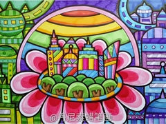 蠟筆畫未來城市科幻作品欣賞