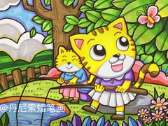 小貓釣魚兒童蠟筆畫欣賞