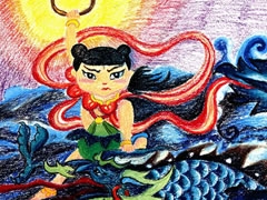 哪吒鬧海油畫棒創(chuàng)作步驟圖示